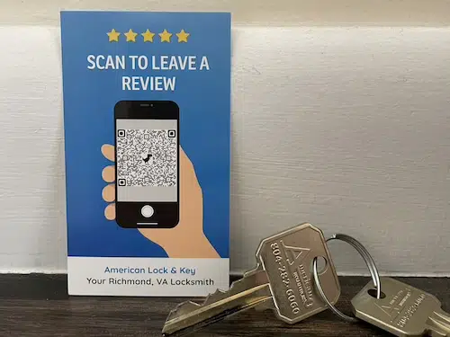 American Lock & Key's "Scan to Leave a Review" QR code on the back of their business cards